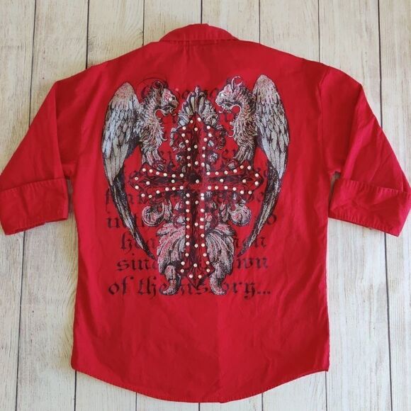 MZ USA embellished cuffed button front shirt sz M - Picture 2 of 8